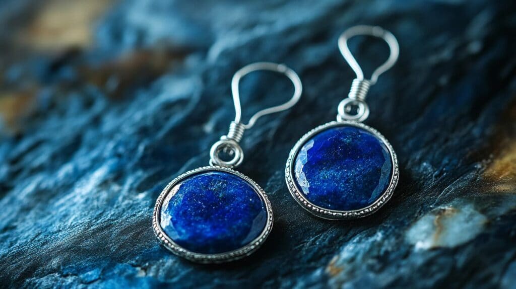 Pair of round Lazulite gemstone earrings in intricate silver settings, emphasizing the rich blue tones of the stones.
