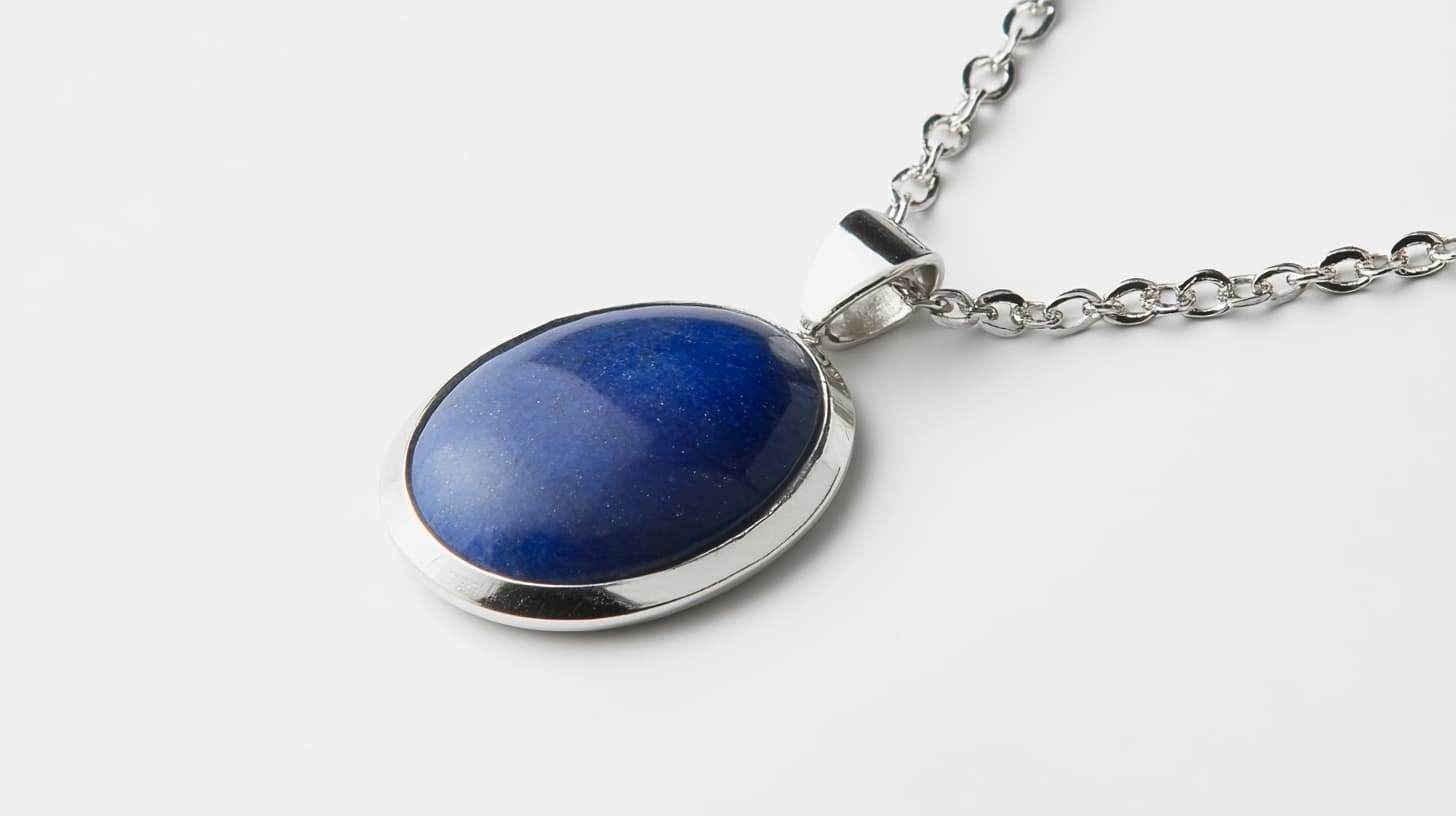 Oval blue lazulite cabochon in a silver bezel on a chain