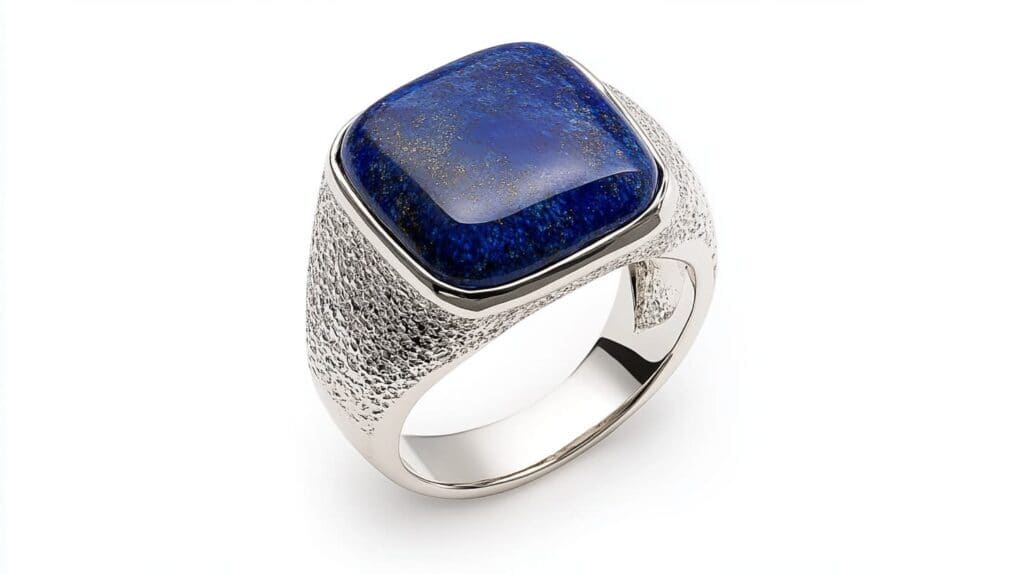 Silver ring featuring a square-cut Lazulite gemstone with a textured band, highlighting the vibrant blue hue of the stone.