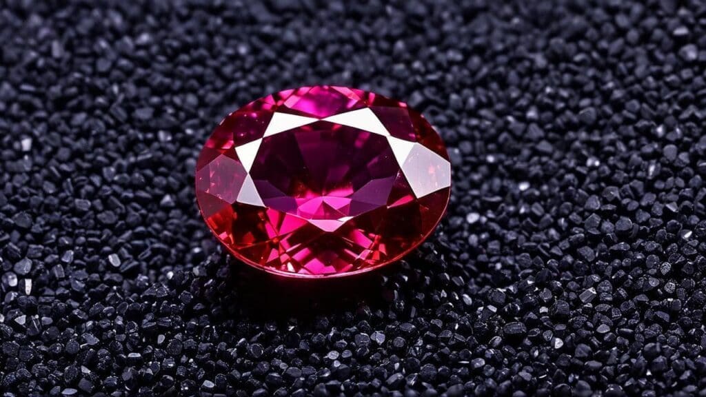 A vibrant red ruby gemstone placed on a black textured background, possibly enhanced with lead-glass filling to improve clarity.