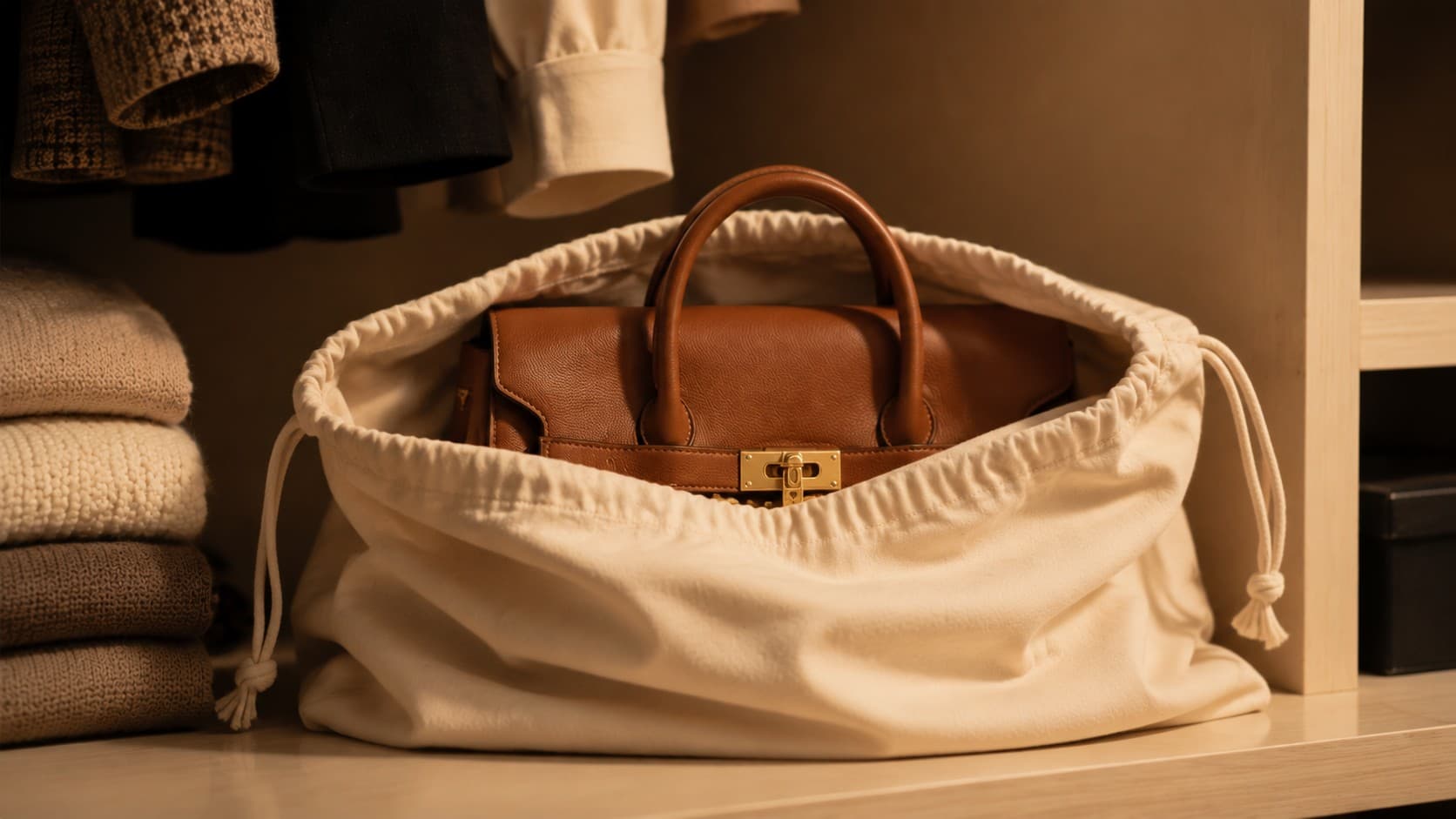 Brown leather handbag stored in a breathable cotton dust bag on a closet shelf