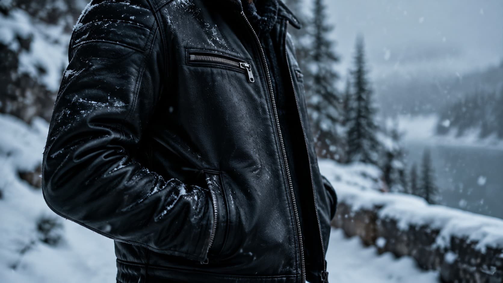 Black leather jacket sleeve covered in snow during a cold winter day