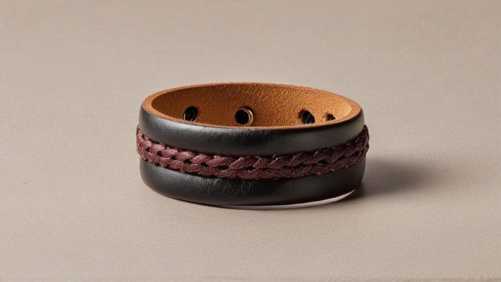 Black leather ring with burgundy braided accent and snap closure showing inside and construction details