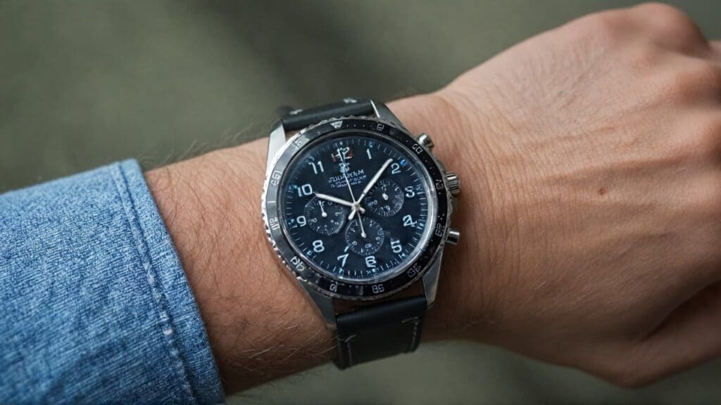 A stylish dress watch with a black leather strap worn on the left wrist, complementing a formal outfit and demonstrating proper watch-wearing etiquette for professional settings.