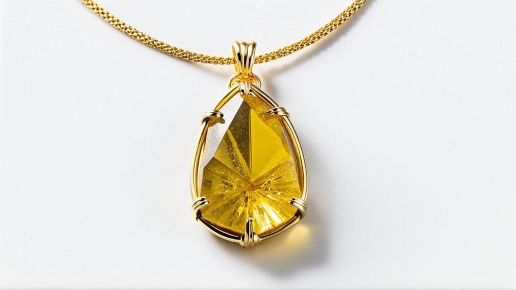 A faceted legrandite gemstone set in a gold prong setting, designed as a pendant on a gold chain, showcasing its vibrant yellow color and brilliance as a unique piece of legrandite jewelry.