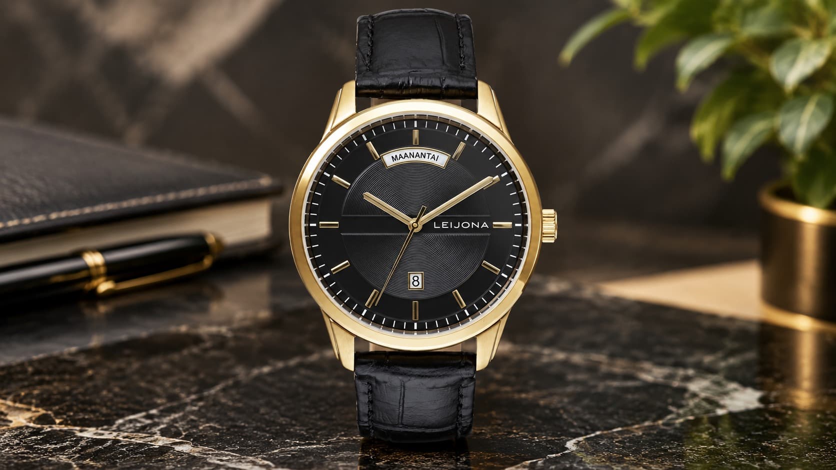 Leijona Töölö gold watch with black leather strap and black dial