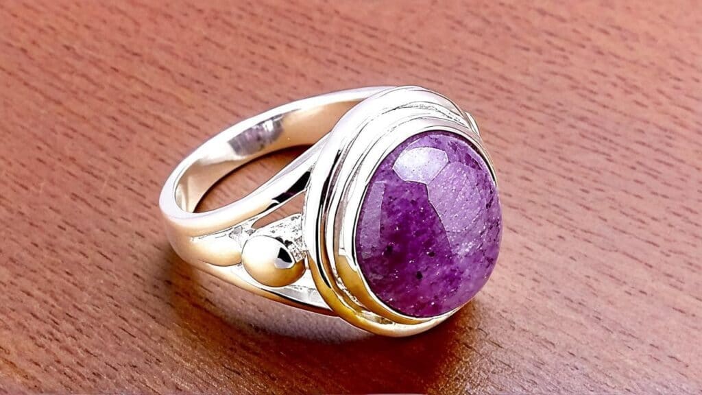 Silver ring with a polished oval lepidolite cabochon showcasing its distinctive purple hues and mica texture