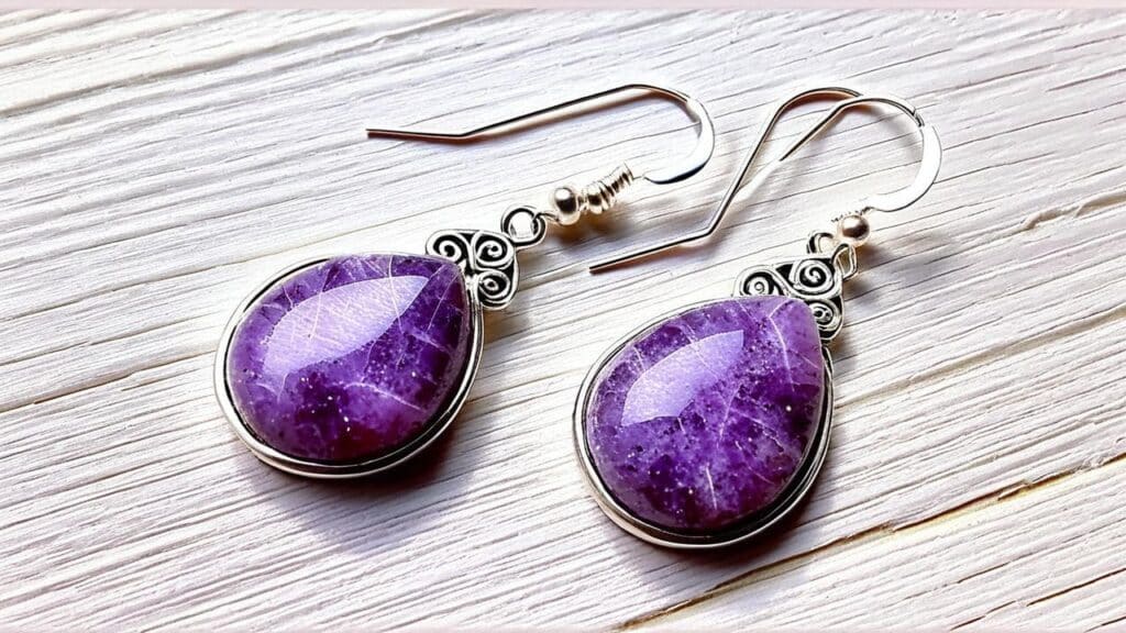Handcrafted teardrop earrings featuring polished purple lepidolite stones set in decorative silver settings