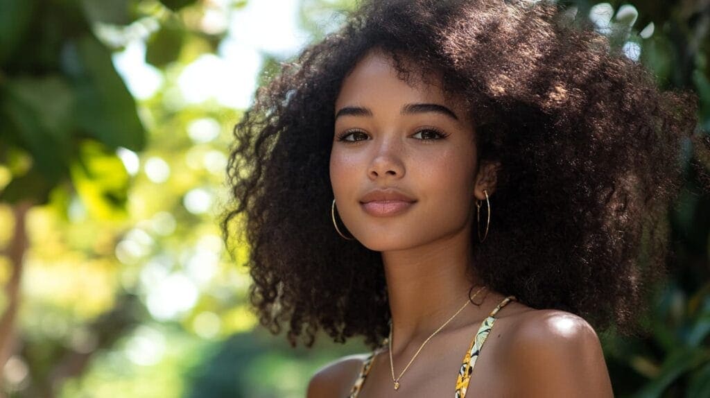 Woman wearing lightweight hoop earrings and a delicate necklace, perfect for summer comfort and style.