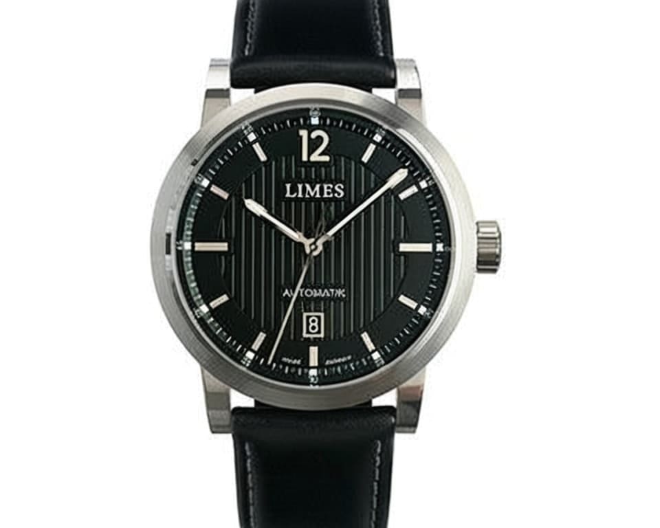Limes automatic watch featuring black textured dial with Arabic numerals, date window at 3 o'clock, steel case, and black leather strap