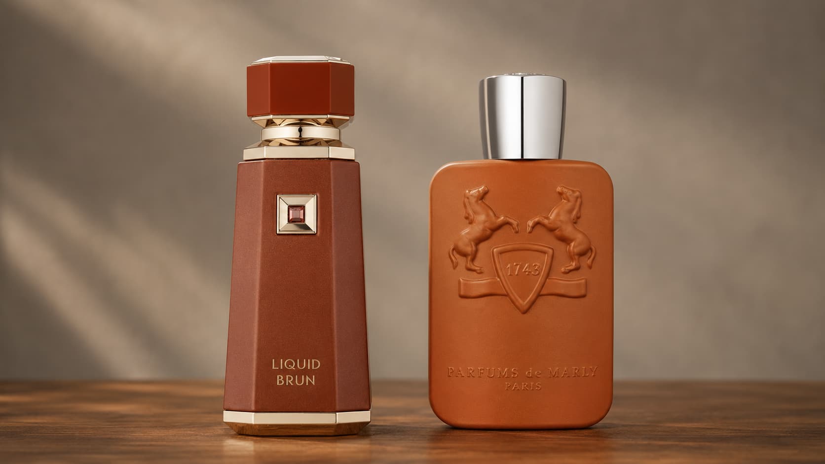 French Avenue Liquid Brun perfume bottle next to Parfums de Marly Althaïr, comparing the fragrance dupe with the original