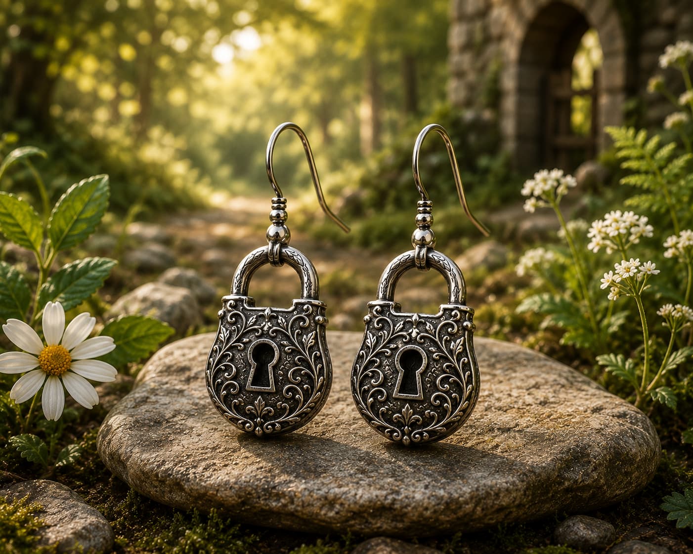 Pair of heart-shaped silver padlock drop earrings with keyhole detail on a mossy stone