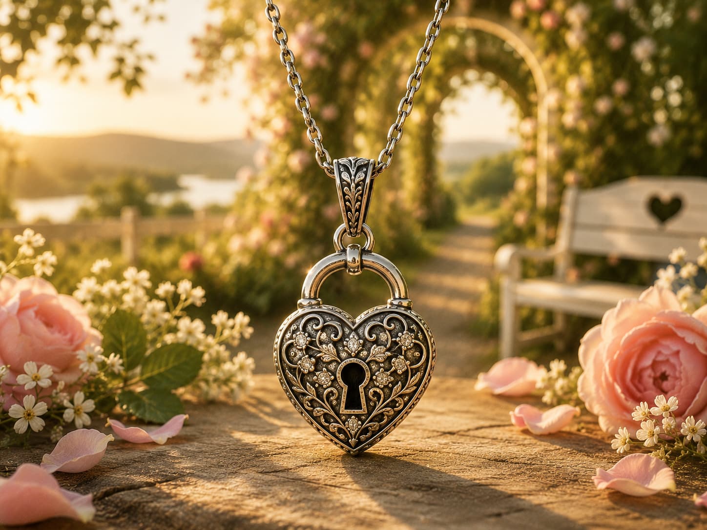 Ornate heart-shaped silver padlock pendant necklace with keyhole detail, surrounded by pink roses
