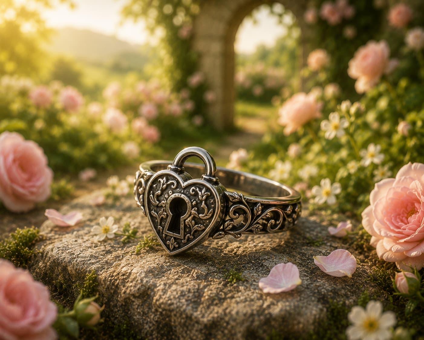 Heart-shaped silver padlock ring with intricate filigree design set among garden roses