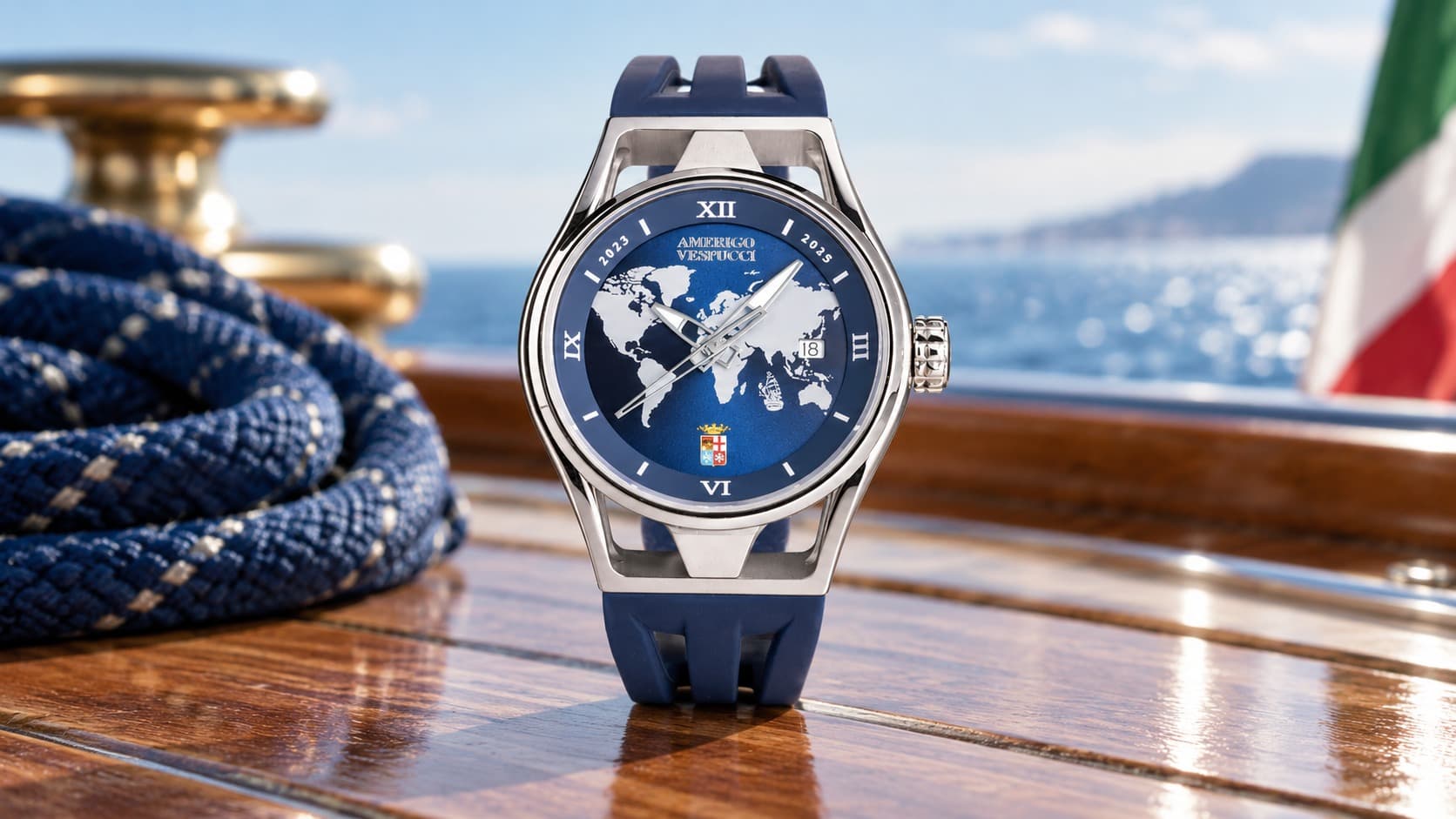 Locman Montecristo Amerigo Vespucci automatic watch with blue map dial on yacht deck