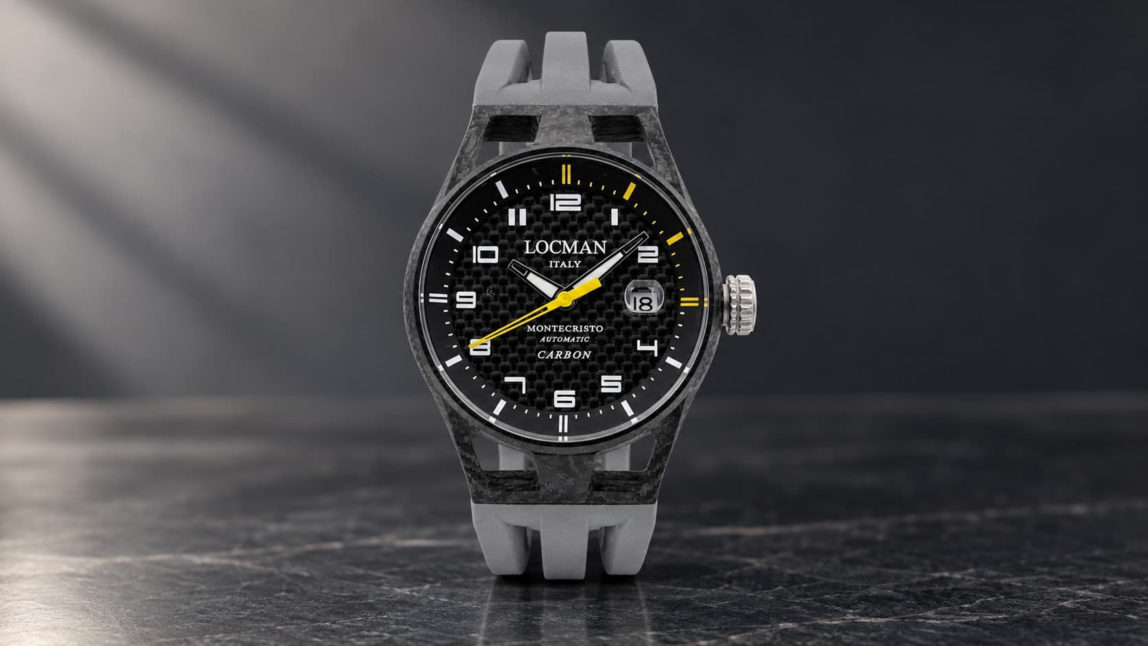 Locman Montecristo Carbon automatic watch with black carbon fiber case and yellow hands
