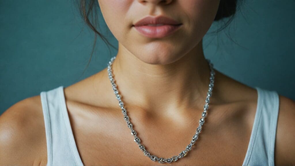 Woman wearing properly extended silver chain necklace at ideal length, showing successful necklace extension results