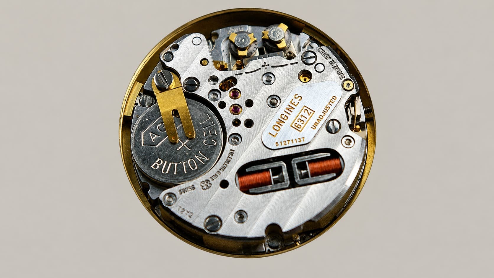 Longines caliber 6312 quartz movement with exposed battery and circuit