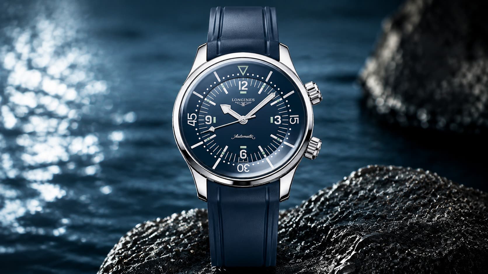 Longines Legend Diver automatic dive watch with blue dial and rotating bezel