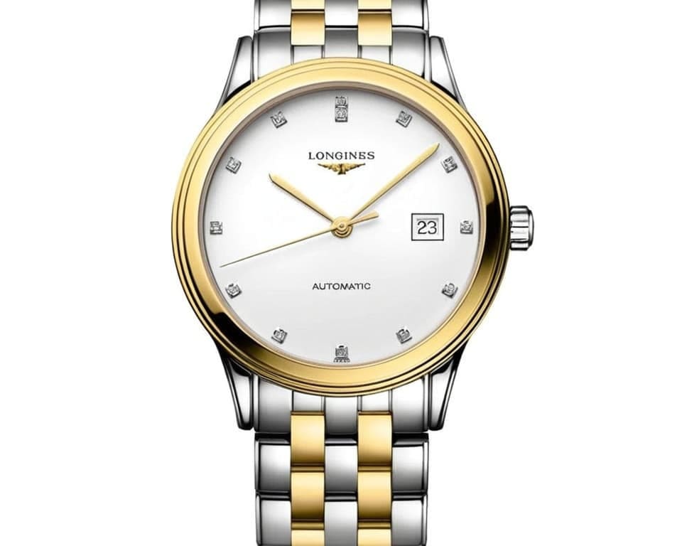 Longines two-tone automatic watch featuring white dial with diamond hour markers and stainless steel gold bracelet
