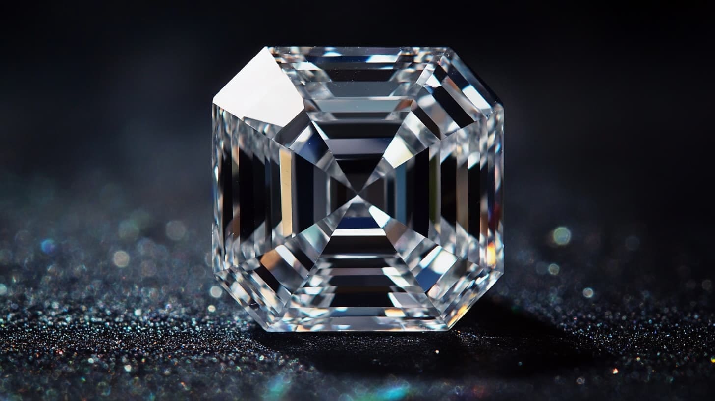 Close-up of a loose Asscher-cut diamond with windmill step facets on dark glitter