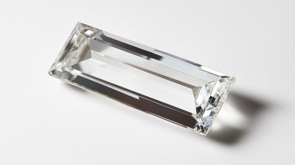 A close-up of a loose baguette-cut diamond showcasing its elongated rectangular shape, step-cut faceting, and exceptional clarity on a white background.