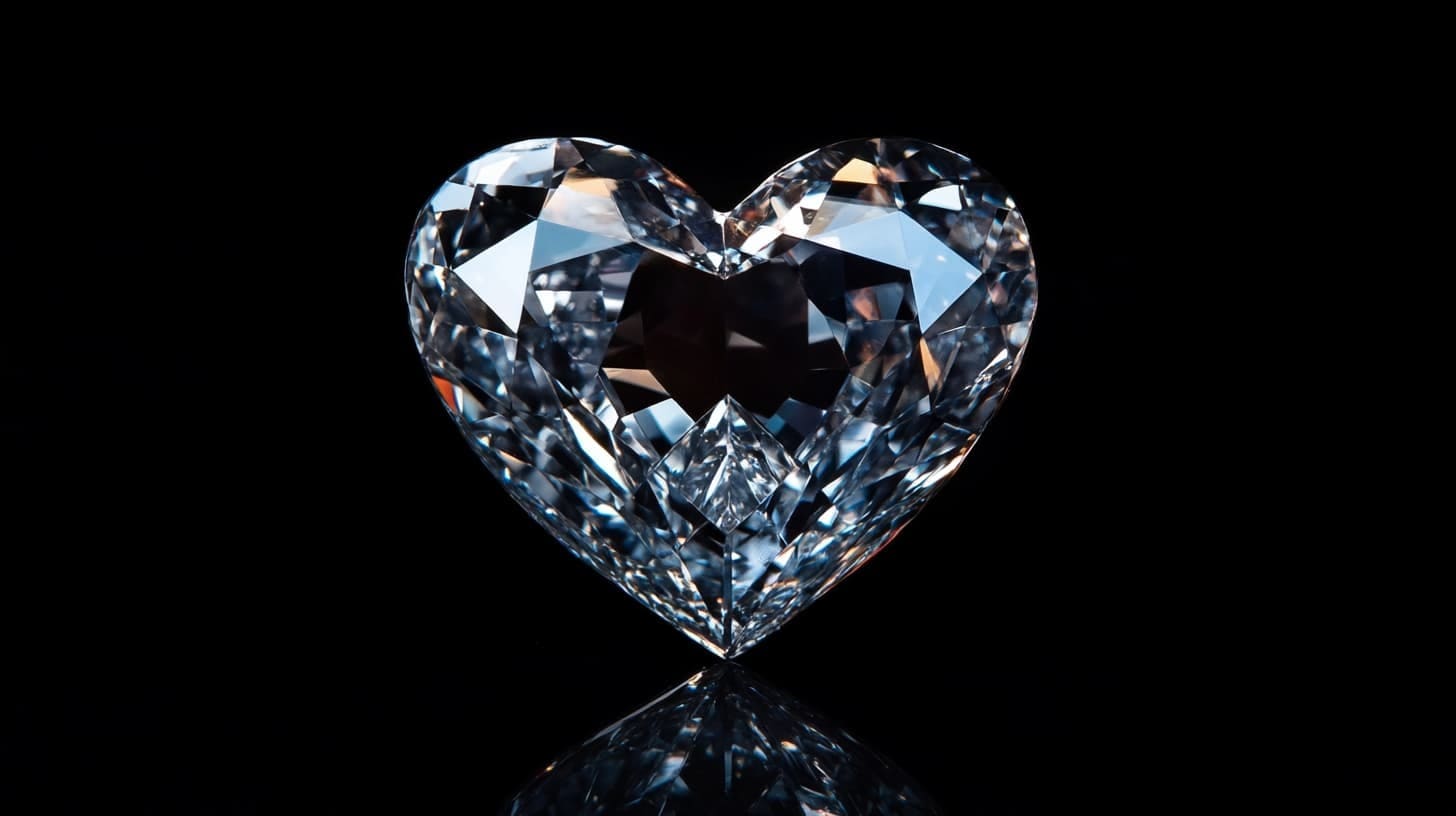 Loose heart-shaped brilliant diamond reflected on a black surface