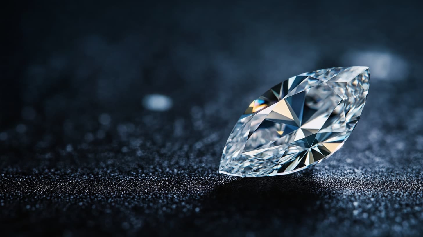 Loose marquise-cut diamond with pointed ends on dark glittering fabric