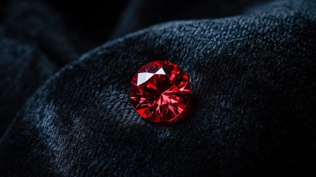 Loose natural red diamond in a round brilliant cut resting on a dark velvet fabric, emphasizing its rare and vibrant red color.