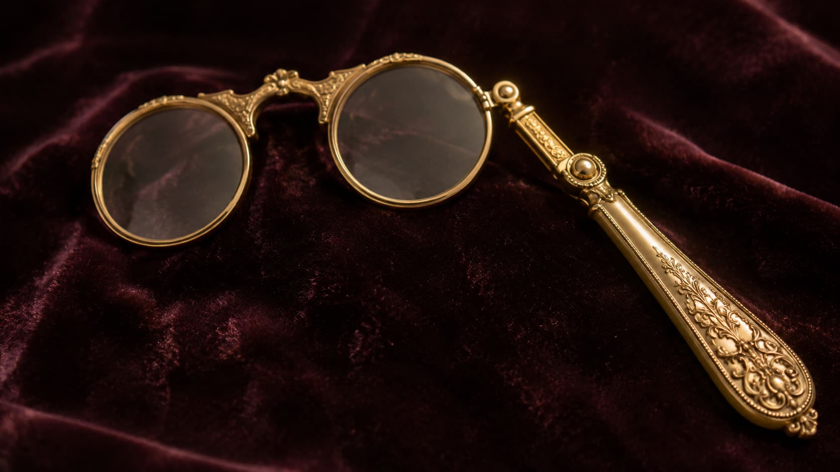 Ornate gold lorgnette with an engraved folding handle on burgundy velvet