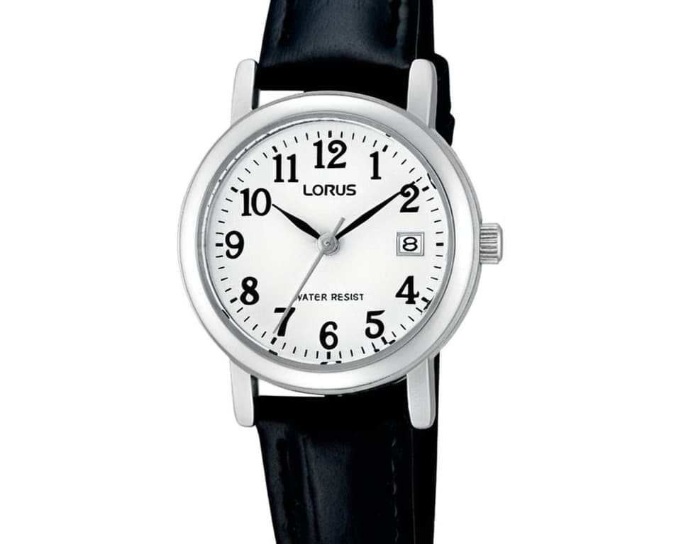 Lorus classic dress watch featuring white dial with Arabic numerals, silver case, black leather strap and date window