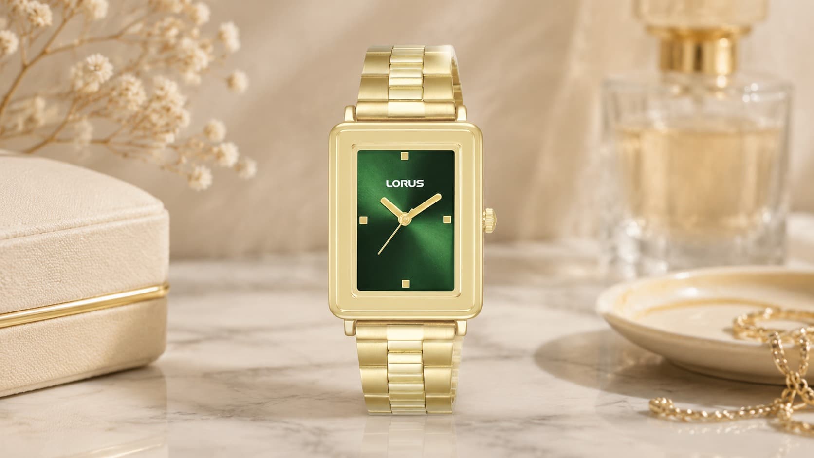 Lorus RG302XX9 gold rectangular women's watch with green dial