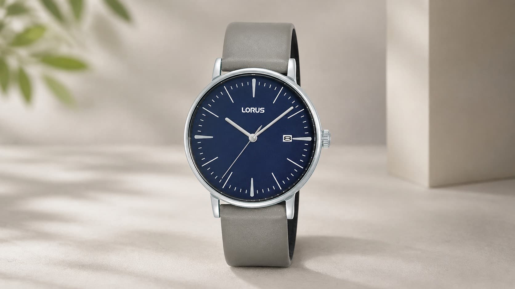 Lorus RH997NX9 men's dress watch with blue dial and grey leather strap