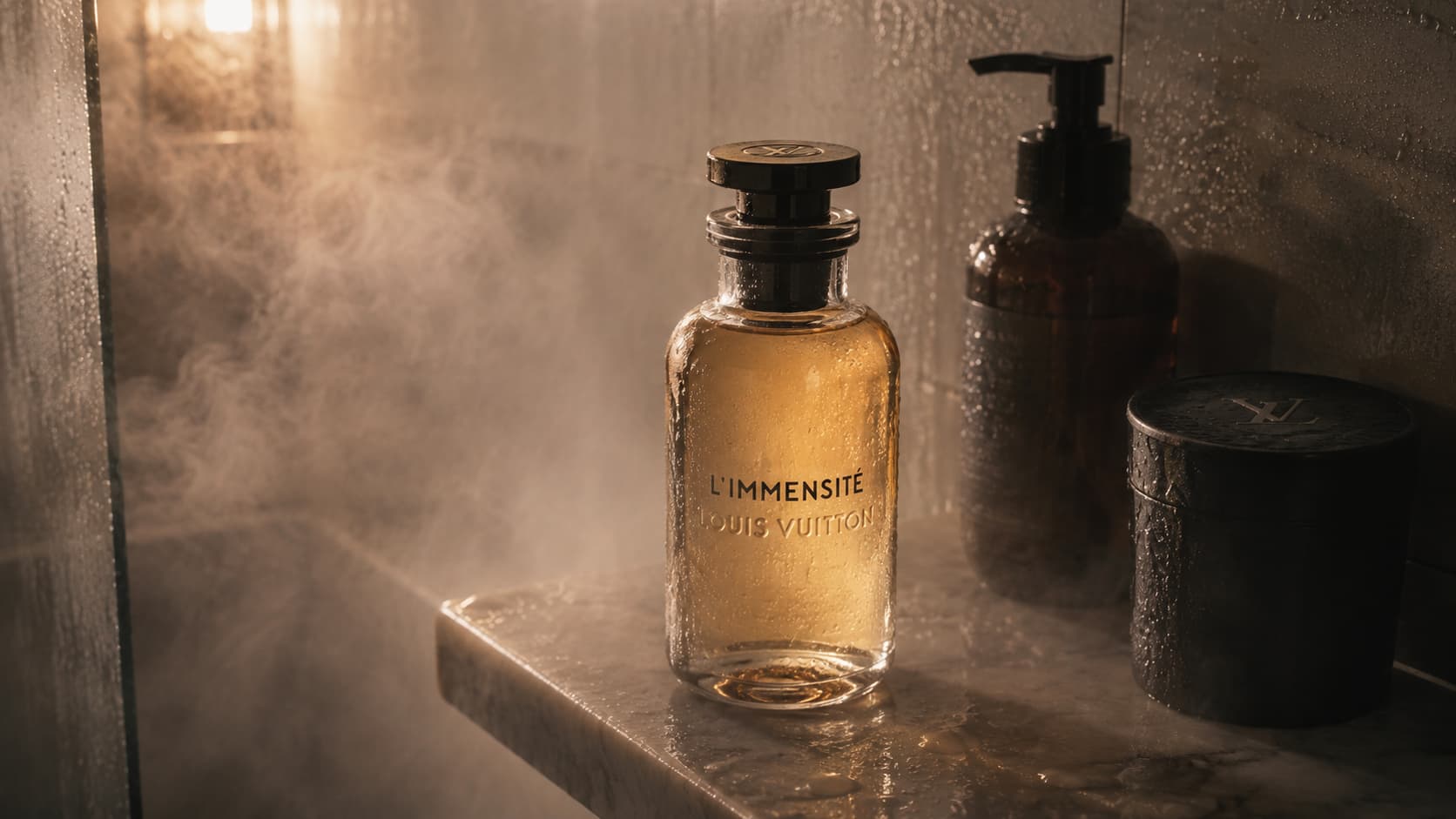 Louis Vuitton L'Immensité perfume bottle on a steamy bathroom shelf