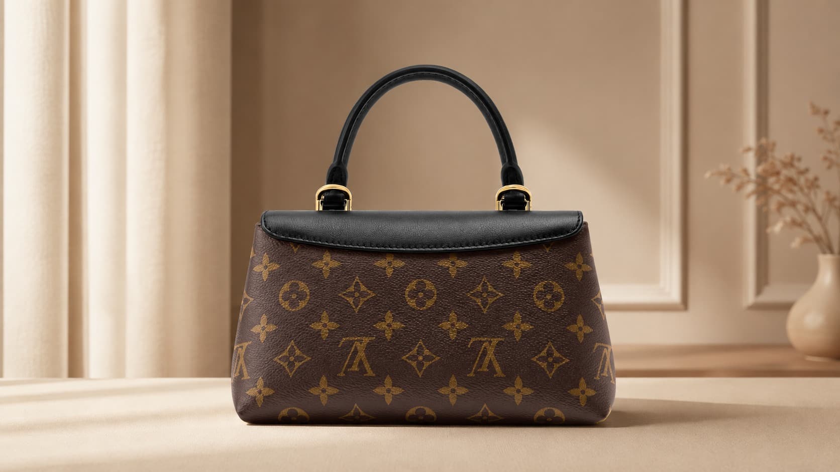 Louis Vuitton monogram canvas crossbody bag with black leather trim and gold hardware