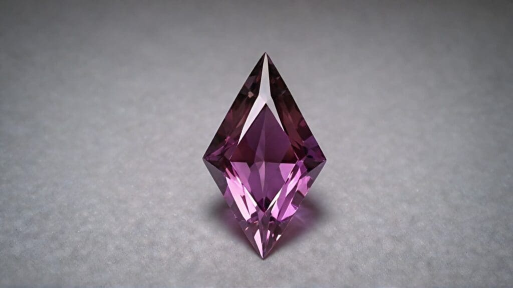 A rich purple lozenge-cut amethyst gemstone featuring sharp facets, a perfect rhomboid shape, and exceptional brilliance, ideal for elegant and modern jewelry settings.
