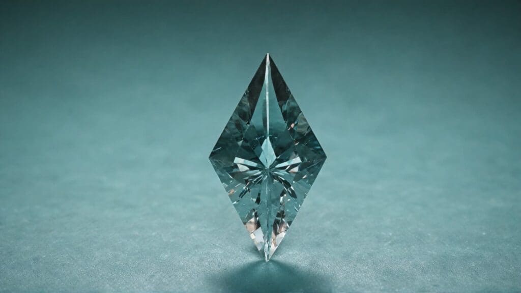 A dazzling lozenge-cut aquamarine gemstone with a cool blue hue, sharp facets, and geometric precision, reflecting its serene beauty and brilliance in jewelry design.