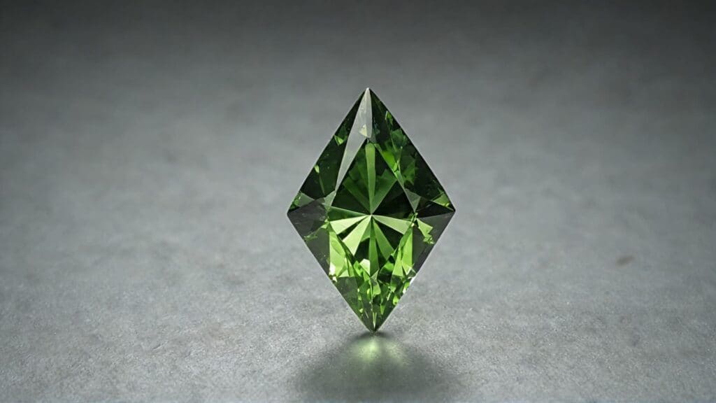 A vibrant lozenge-cut peridot gemstone with a bright green color, precise rhomboid shape, and excellent light reflection, making it a striking choice for unique jewelry pieces.