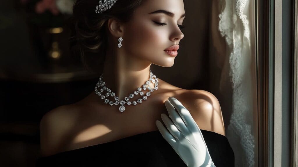 A sophisticated woman gazing out the window, adorned with a diamond tiara, earrings, and a lavish necklace, perfect for a white tie gala.