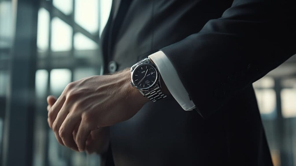 A man in a black suit wearing a luxury black-dial watch with a stainless steel bracelet, adjusting his cuff in a modern office setting.