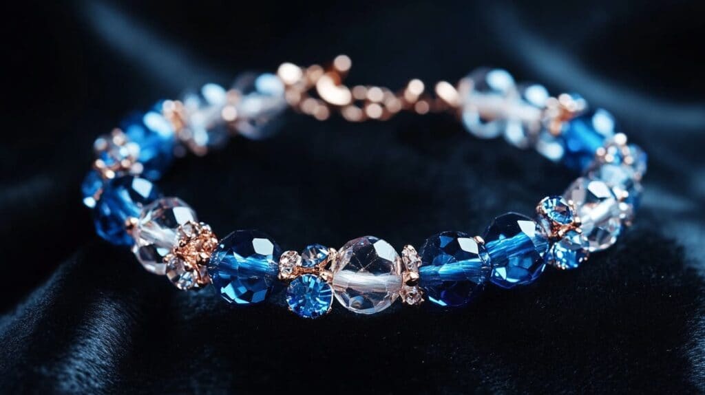 A luxury bracelet made with faceted blue crystals and rose gold accents, crafted through advanced beading techniques, displayed on a velvet backdrop.