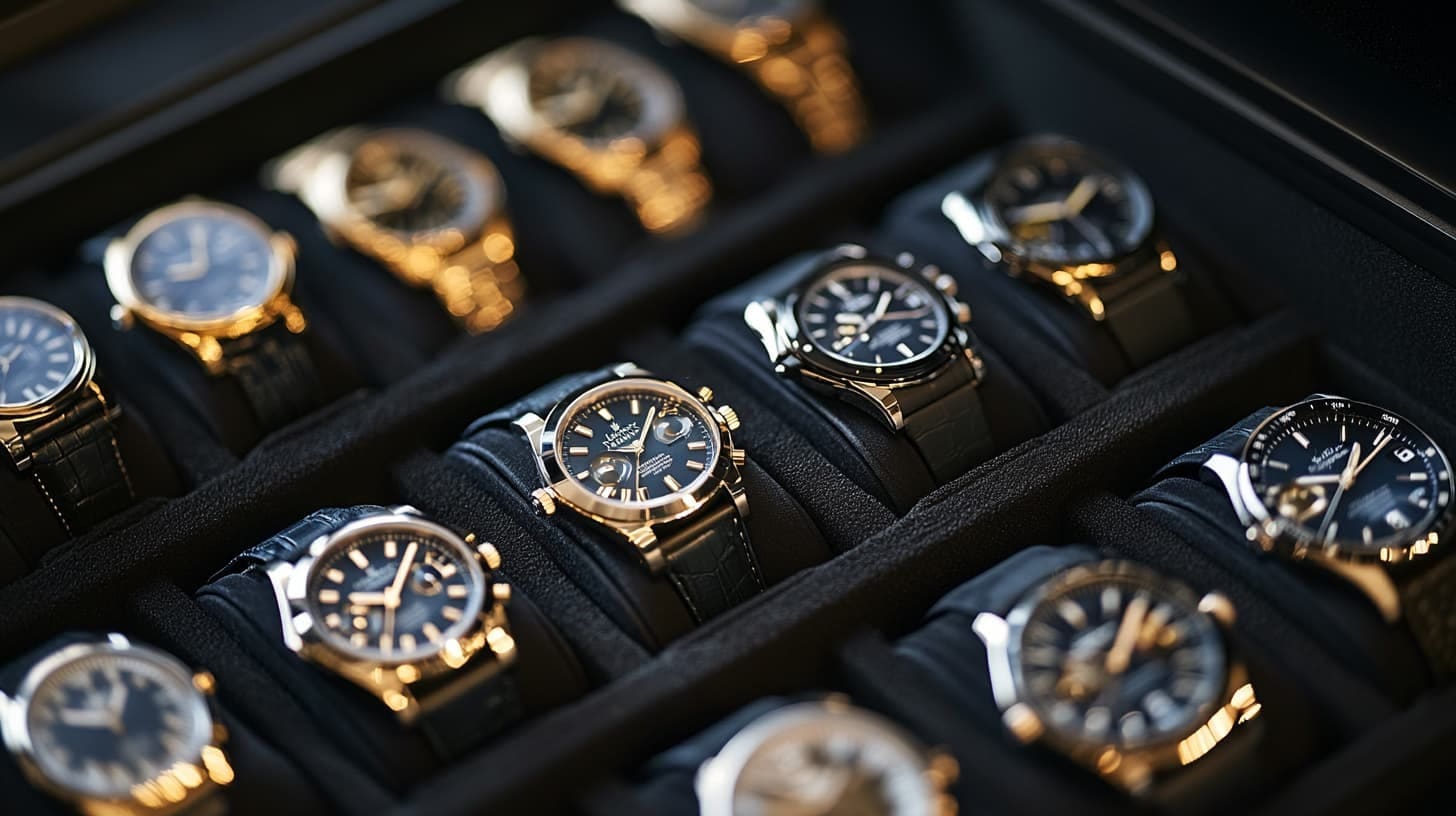 Gold and steel watches with dark dials in a black velvet display case