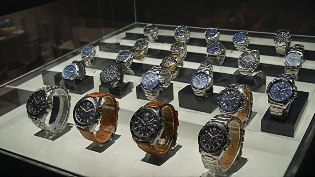 Close-up view of luxury chronograph watches displayed in a glass showcase, featuring stainless steel and leather strap designs.