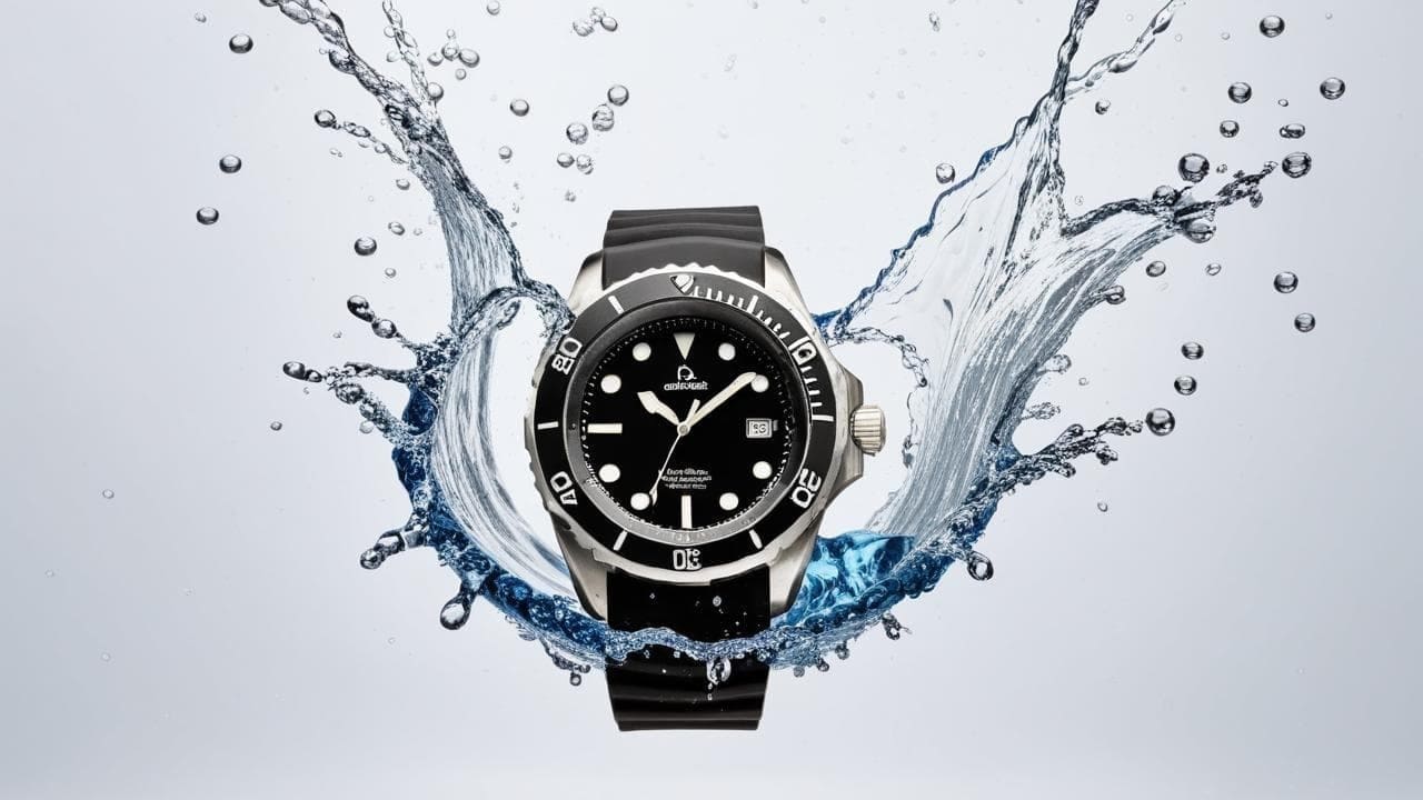 Steel dive watch with black dial suspended in a splash of water