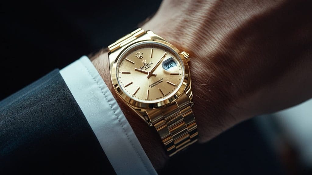 Gold luxury watch with a sleek bracelet design and date window, combining timeless elegance and functionality, ideal for professional wear.