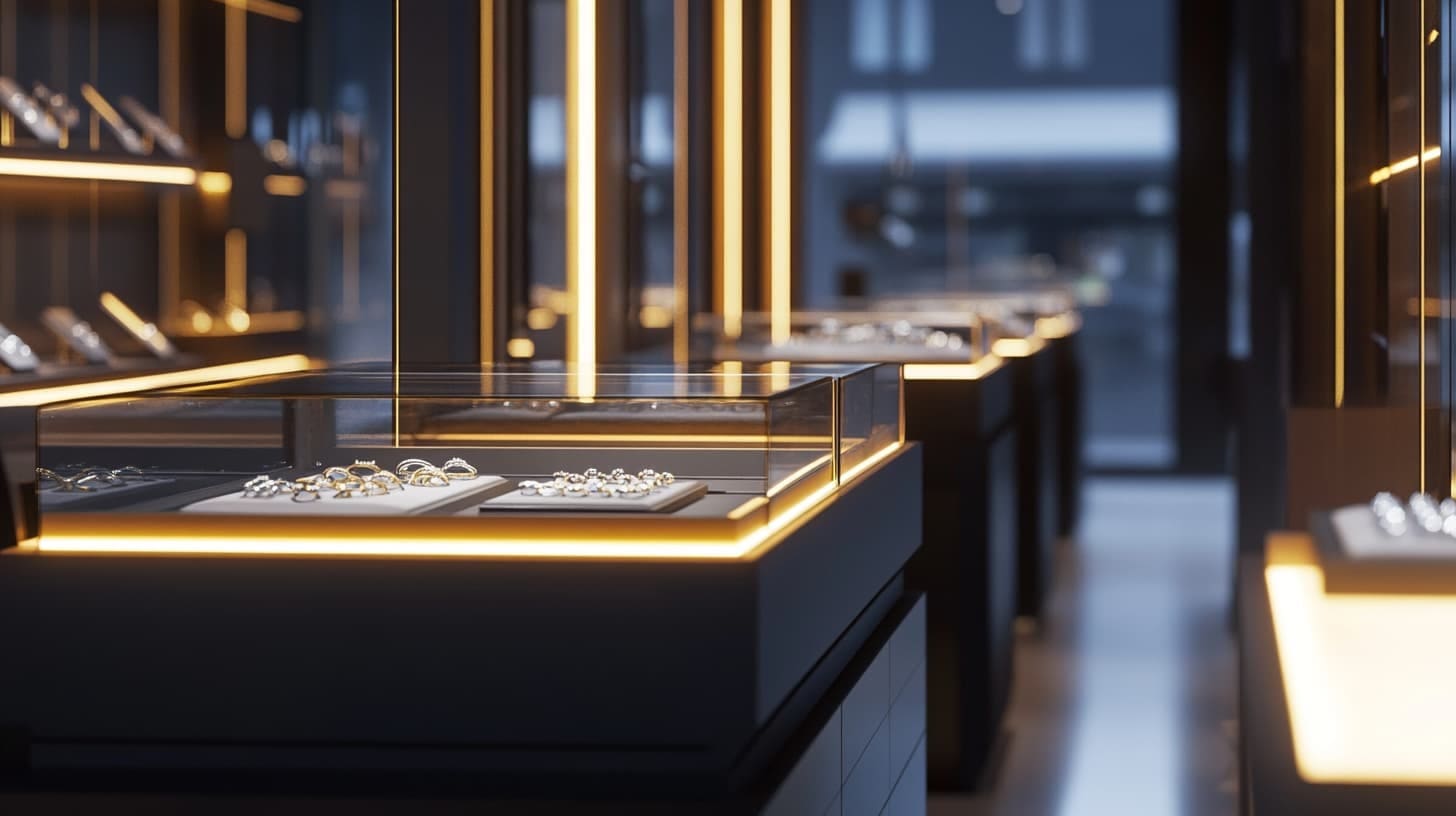 Illuminated glass jewelry counters displaying rings in a dark boutique