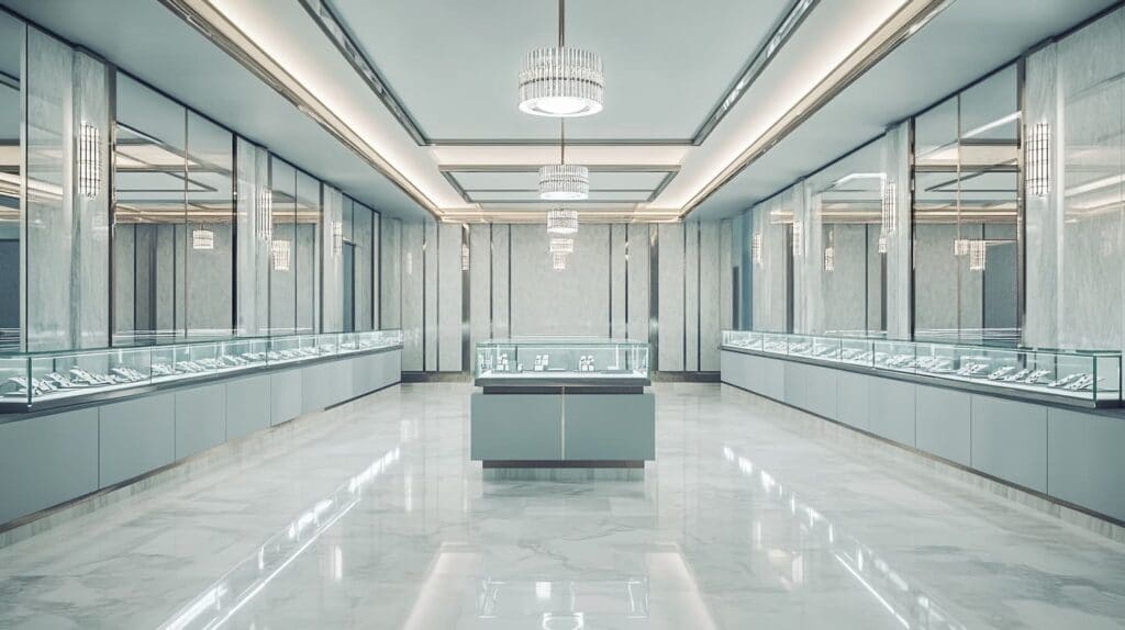 Interior of a high-end jewelry store with glass display cases, marble floors, and elegant lighting fixtures.