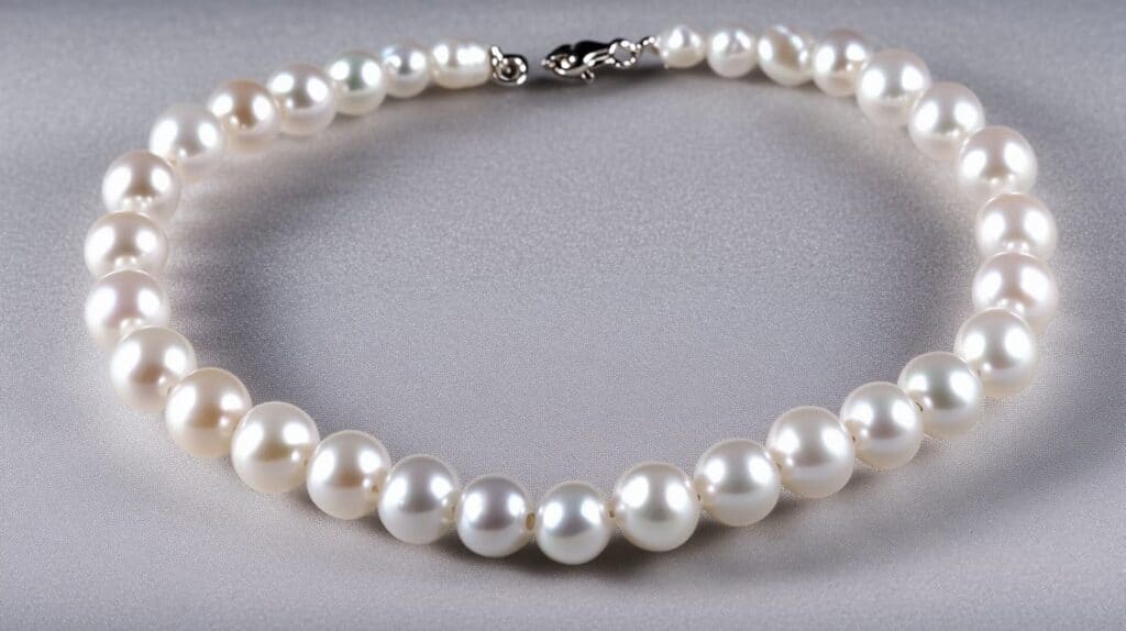 Close-up of a classic luxury pearl necklace with perfectly matched white pearls, showcasing elegance and exceptional craftsmanship.