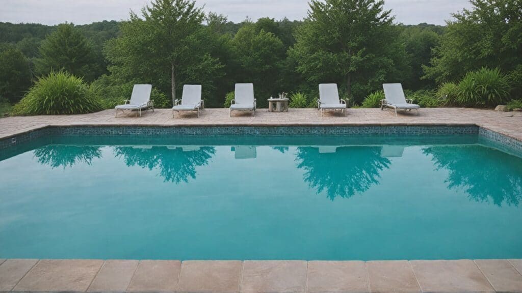 Beautiful residential swimming pool with lounge chairs showing water environment that requires waiting period for new ear piercings