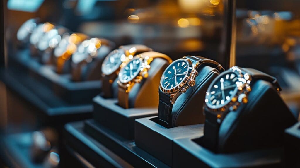 A luxurious display case featuring an array of Swiss watches with intricate designs, showcasing fine craftsmanship and elegance under soft lighting.